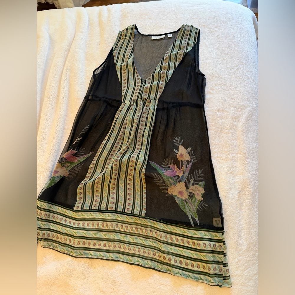 Kimchi Blue Black Sheer Floral-Embroidered Mini Dress with Green Accents